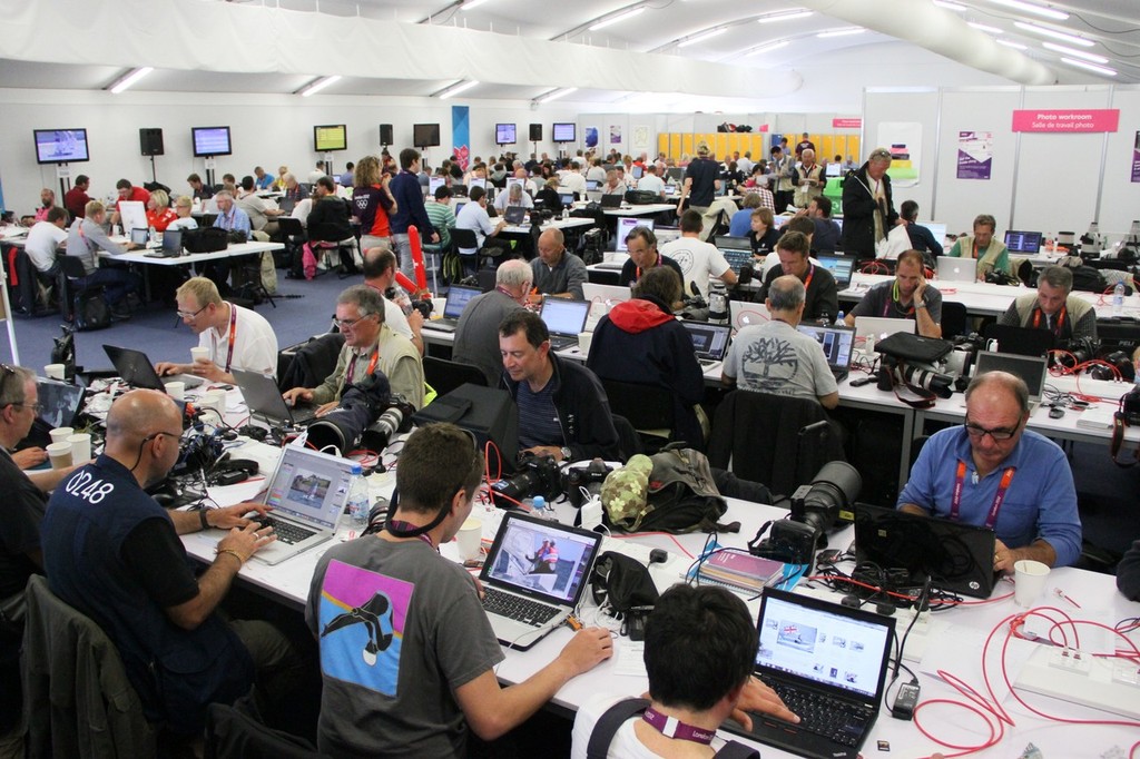 A packed media centre at Weymouth after Ben Ainslie won his fourth Olympic Gold Medal - the British sailing superstar played to an adoring media all week - despite a tense competitive situation on the water. © Richard Gladwell www.photosport.co.nz